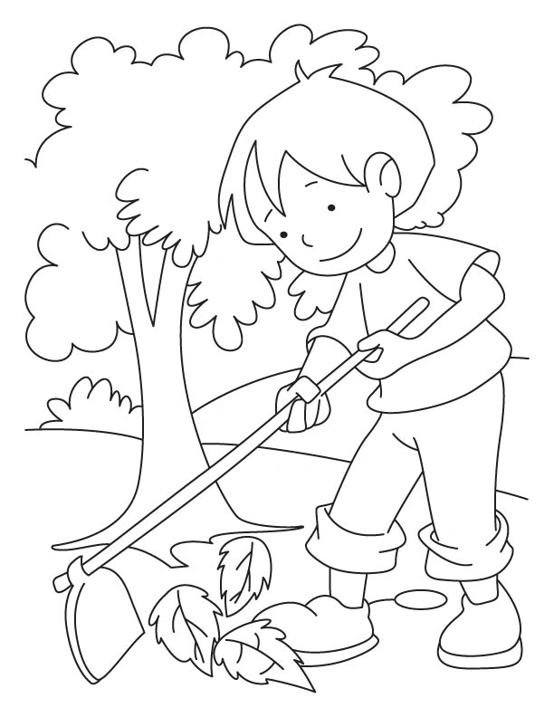 Coloring page boy rakes leaves
